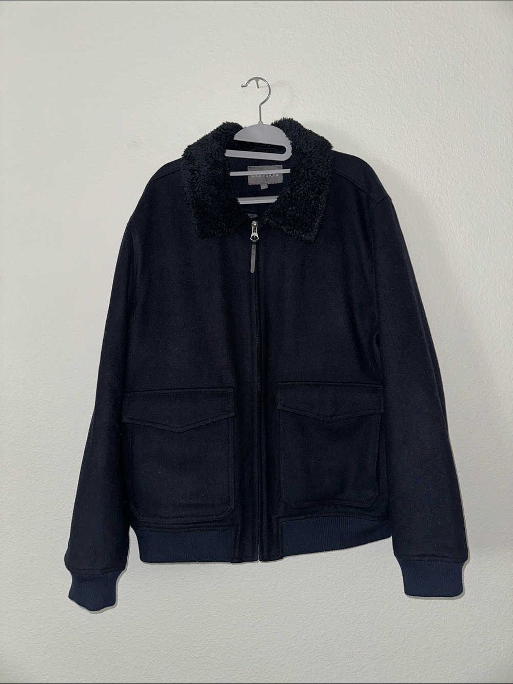 Slate & Stone Men’s Dark Navy Blue Bomber Wool Jacket with Sherpa Collar Size XL